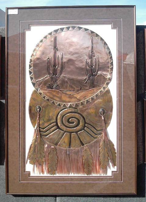 Title: Saguaro Shield, Sun Symbol, Fringe & Feathers,
Size: 40 X 60,   Price: $2800.00
